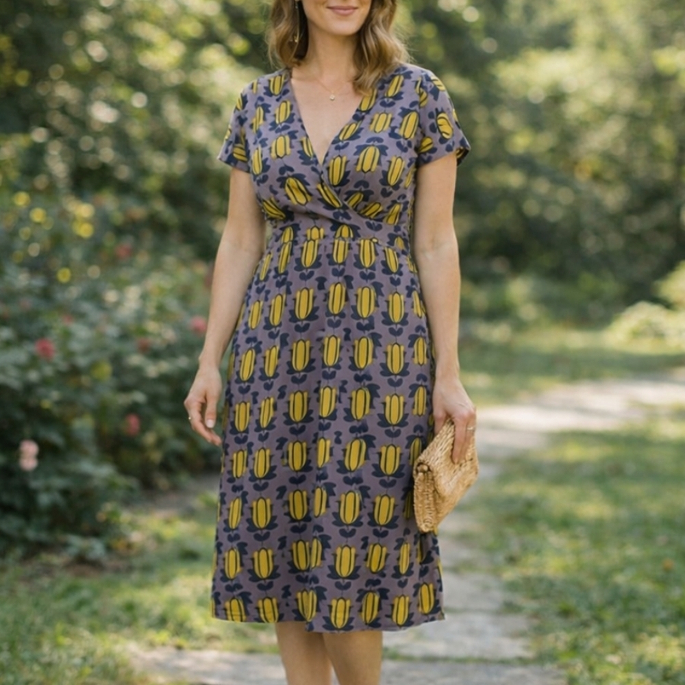 Wrap-Front Midi Dress in Purple & Yellow